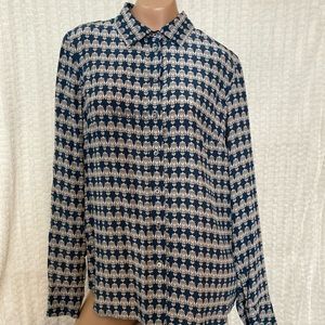 J.Crew Size 4 Long Sleeve/Button Down Owl Print Silk Teal Blouse NWT